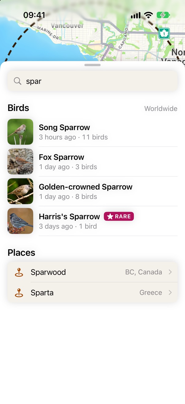 Search results: birds and places
