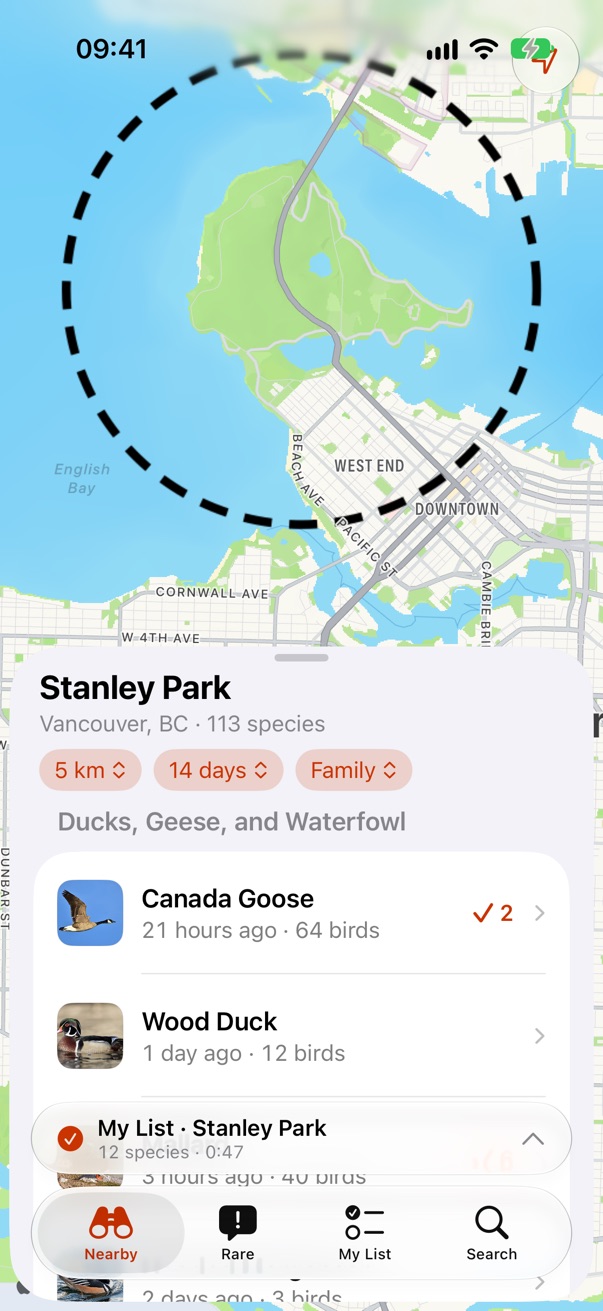 Nearby, tab bar full, list as an accessory above it