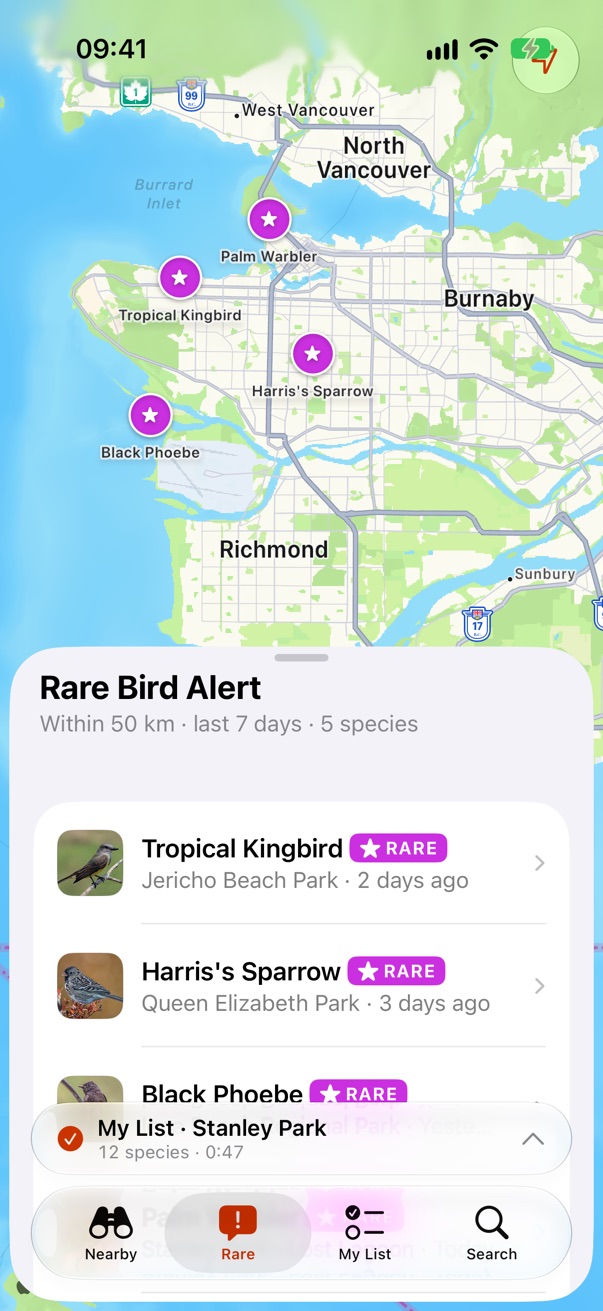 Rare Bird Alert, with rare sightings on the map